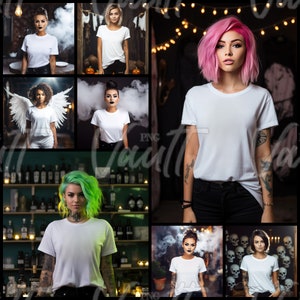 May include: A collection of images featuring people wearing white t-shirts. The images are set in different locations, including a bar, a studio, and a street. The people in the images are all wearing plain white t-shirts, which are a popular choice for blank apparel.
