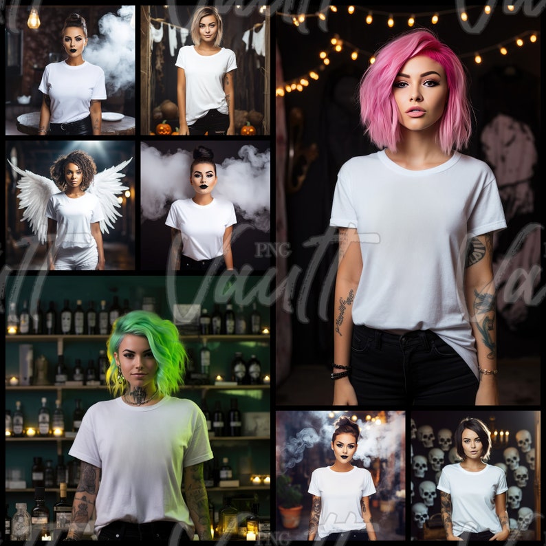 May include: A collection of images featuring people wearing white t-shirts. The images are set in different locations, including a bar, a studio, and a street. The people in the images are all wearing plain white t-shirts, which are a popular choice for blank apparel.