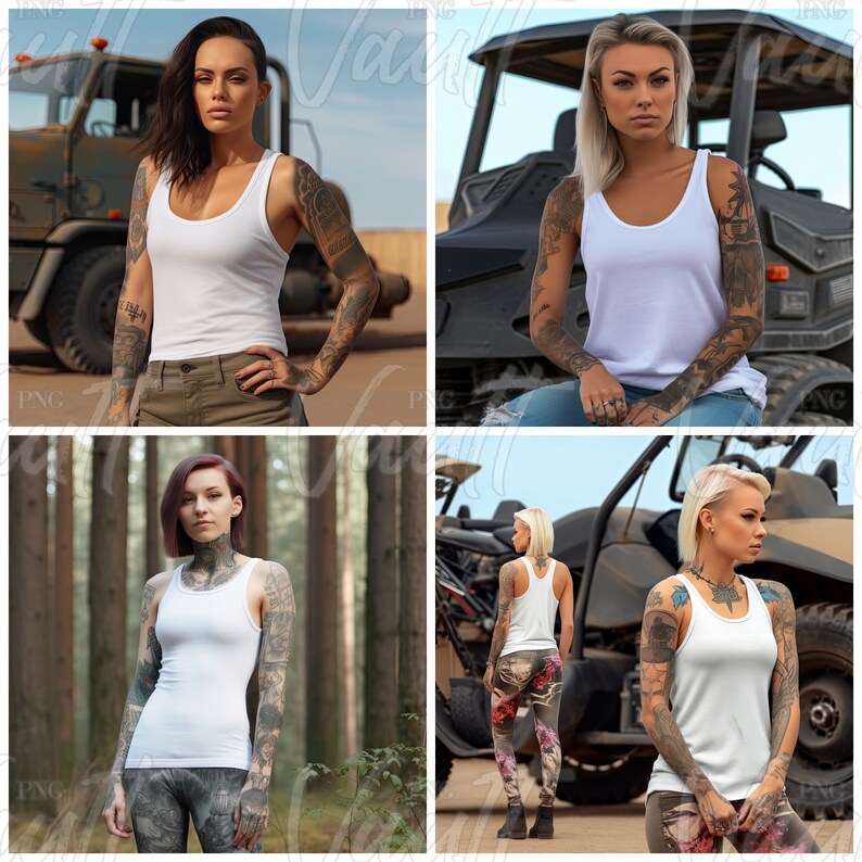 May include: Four women with tattoos are wearing white tank tops. Each woman is standing in front of a different vehicle. The vehicles are a military truck, a side-by-side ATV, a jeep, and a pickup truck.
