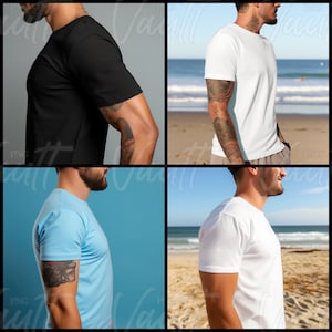 May include: Four different color t-shirts on four different models. The t-shirts are all short-sleeved and crew neck. The models are all wearing the t-shirts with their arms crossed.