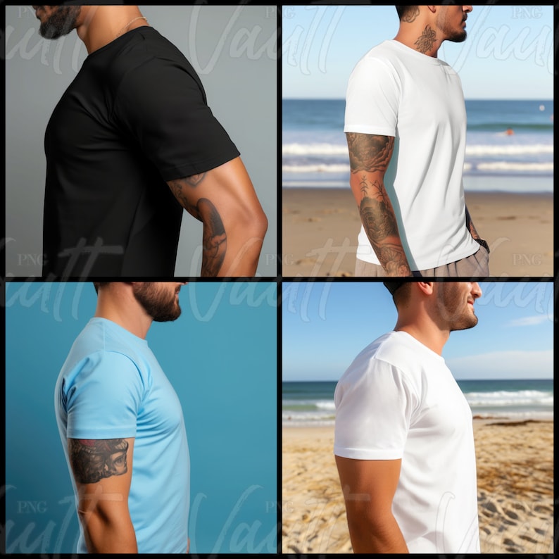 May include: Four different color t-shirts on four different models. The t-shirts are all short-sleeved and crew neck. The models are all wearing the t-shirts with their arms crossed.