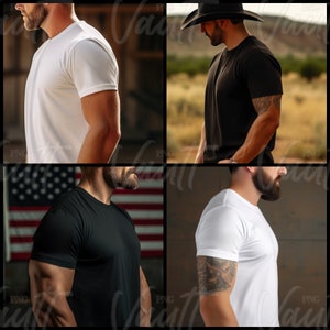 May include: Four different men wearing plain white and black t-shirts. The men are standing in different poses and backgrounds.