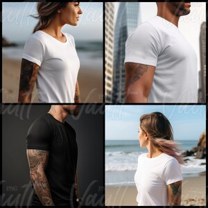May include: Four different people wearing plain white and black t-shirts. The people are standing in various poses and locations, including a beach, a city street, and a studio.