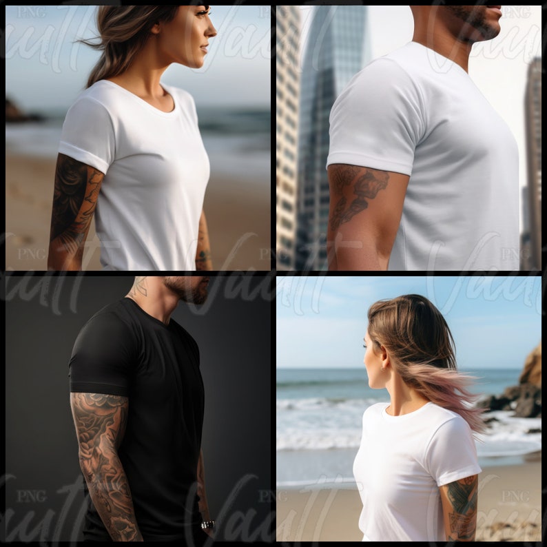 May include: Four different people wearing plain white and black t-shirts. The people are standing in various poses and locations, including a beach, a city street, and a studio.