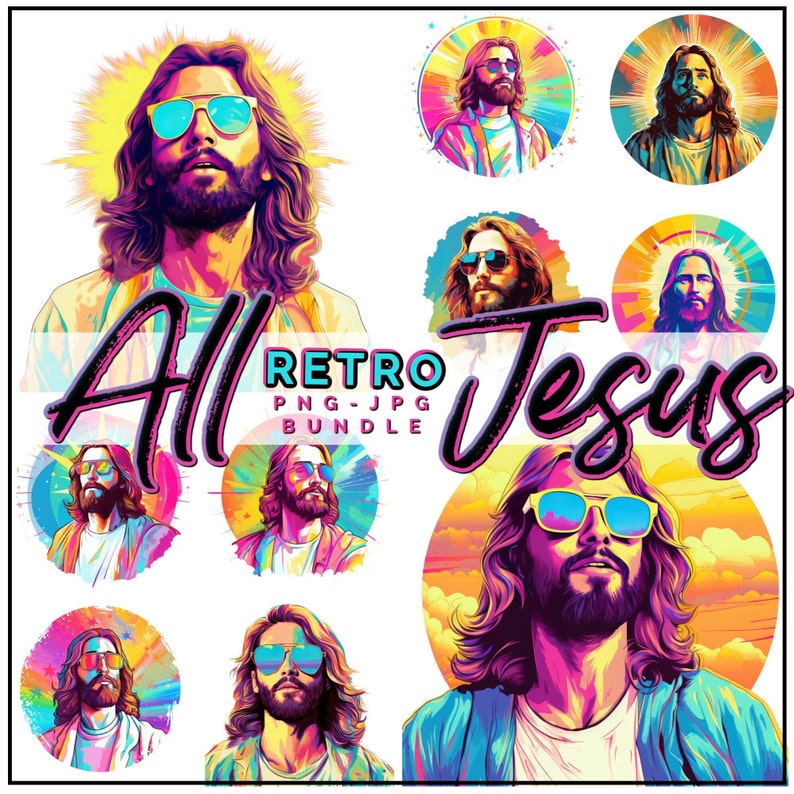 Puede incluir: Colecci&oacute;n de im&aacute;genes de arte digital de estilo retro que presentan un retrato de Jes&uacute;s con gafas de sol. Las im&aacute;genes est&aacute;n en una paleta de colores vibrantes de rosa, amarillo, azul y morado. El texto incluye "All Retro Jesus PNG JPG Bundle."