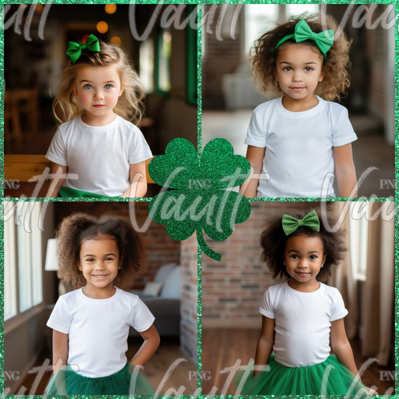 May include: Four young girls wearing white shirts and green tulle skirts with green bows in their hair. The girls are standing in front of a green glitter shamrock.