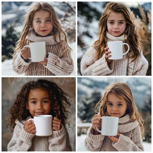 May include: Four children, each wearing a knitted sweater and scarf, hold a white ceramic mug. The mugs are plain white with no designs or text.