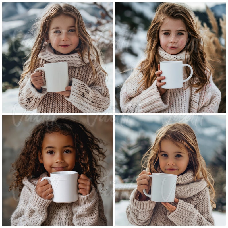 May include: Four children, each wearing a knitted sweater and scarf, hold a white ceramic mug. The mugs are plain white with no designs or text.
