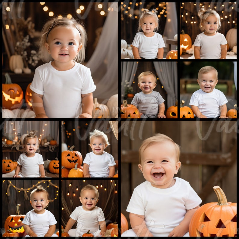 May include: A collage of nine images featuring toddlers dressed in white shirts and sitting with pumpkins. The pumpkins are various sizes and have carved faces. The background is a rustic wooden wall with fairy lights.