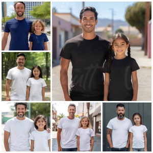 K&ouml;nnte beinhalten: Drei Sets von V&auml;tern und T&ouml;chtern, die passende wei&szlig;e T-Shirts tragen. Ein Set von V&auml;tern und T&ouml;chtern tr&auml;gt schwarze T-Shirts. Alle V&auml;ter und T&ouml;chter l&auml;cheln und schauen in die Kamera.
