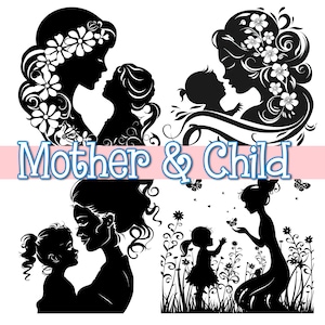 PNG 母と子のシルエット 母の日 PNG デザイン 母と娘 母と息子 SVG デザイン 母の日 花のシルエット デザイン