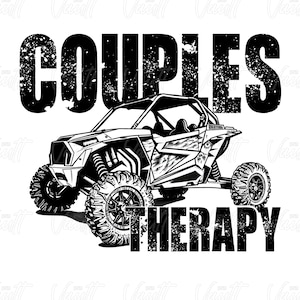 May include: Black and white graphic of an off-road vehicle with the words "COUPLES" and "THERAPY" in a distressed font. The vehicle has large tires and a roll cage, suggesting adventure and outdoor activities.