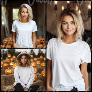 May include: Three women wearing white t-shirts. The women are standing in front of a background of pumpkins.