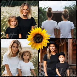 May include: Four images of people wearing plain black and white t-shirts. The first image shows a mother and daughter in a field of white flowers. The second image shows two people wearing white t-shirts from the back. The third image shows a mother and son in a field of white flowers. The fourth image shows a mother and son sitting on a wooden bench.