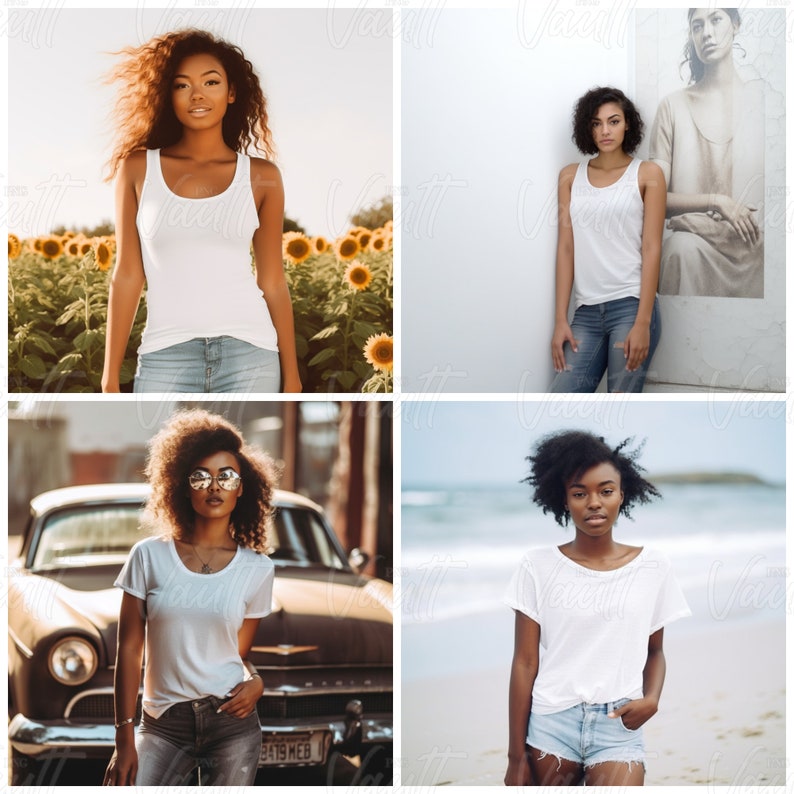 K&ouml;nnte beinhalten: Vier Bilder von Frauen, die wei&szlig;e Tanktops und Jeans tragen. Das erste Bild zeigt eine Frau, die in einem Sonnenblumenfeld steht. Das zweite Bild zeigt eine Frau, die vor einer wei&szlig;en Wand steht. Das dritte Bild zeigt eine Frau, die vor einem Oldtimer steht. Das vierte Bild zeigt eine Frau, die am Strand steht.