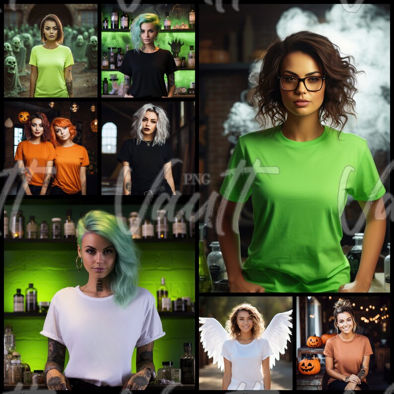 May include: A collage of images featuring people wearing plain t-shirts in various colors, including green, white, and orange. The images are set against different backgrounds, including a brick wall, a room with shelves, and a forest.