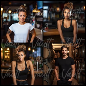 May include: Four people are standing in different settings. A woman with short brown hair is wearing a white tank top and jeans. A woman with long brown hair is wearing a black tank top and jeans. A man with short brown hair is wearing a black t-shirt and jeans. A woman with long brown hair is wearing a black tank top and jeans.