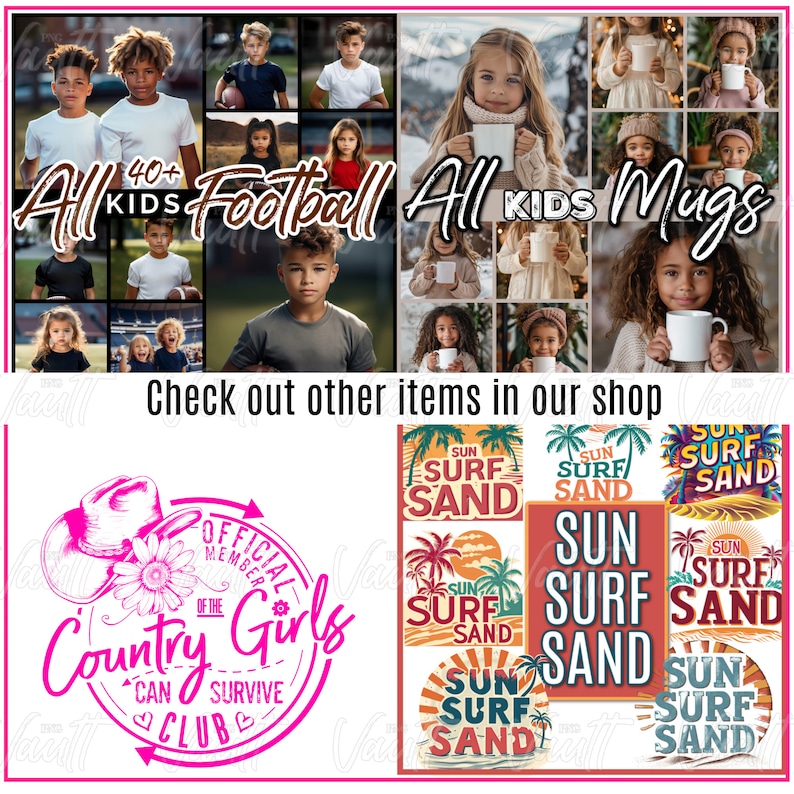 May include: A collage of images featuring children wearing football jerseys and holding mugs. The text "All Kids Football" and "All Kids Mugs" is displayed in the image. The image also includes a pink and white graphic with the text "Official Member of the Country Girls Can Survive Club".