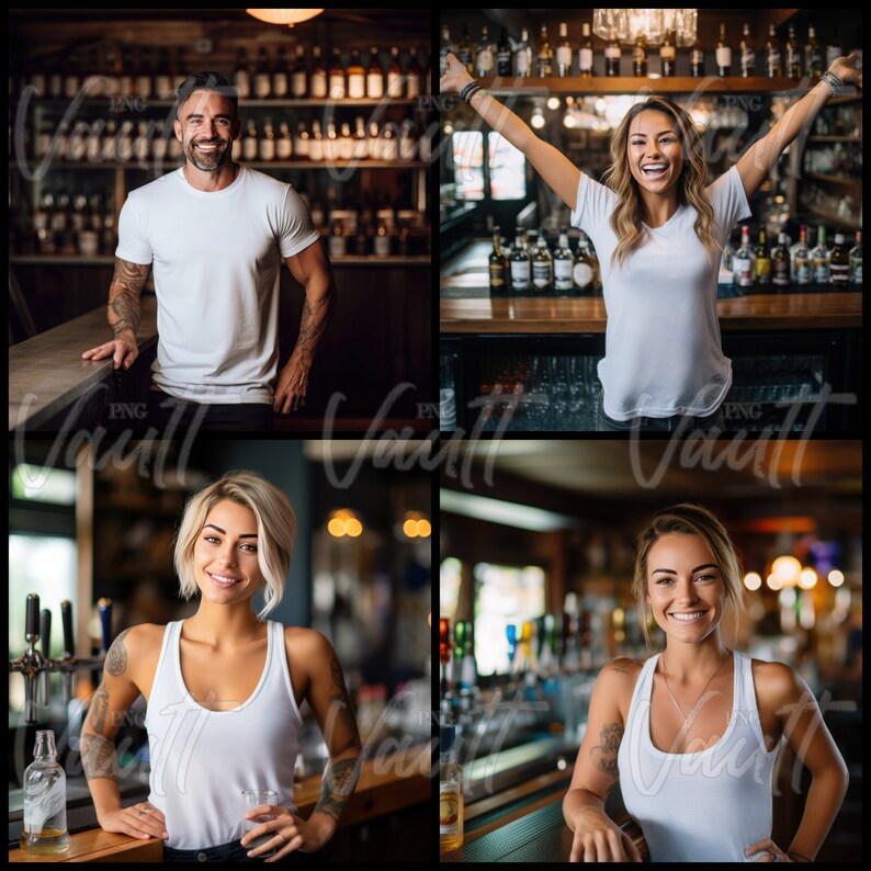 May include: Four people working behind a bar counter. Two women and two men are wearing white t-shirts. The bar is well-lit and has a variety of bottles on shelves behind the counter.
