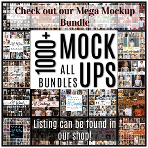 K&ouml;nnte beinhalten: Eine Collage von Bildern, die verschiedene Arten von T-Shirt-Mockups zeigen. Der Text "1000+ Mock Ups All Bundles" wird in gro&szlig;en, fetten Buchstaben angezeigt. Der Text "Check out our Mega Mockup Bundle" wird oben im Bild angezeigt. Der Text "Listing can be found in our shop!" wird unten im Bild angezeigt.
