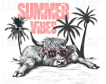 PNG Summer Vibes Highland Cow  PNG Retro Summer Shirt Design Funny Beach Summer Shirt Summer Sublimation Beachy PNG Highland Cow Sunglasses