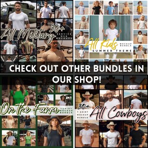 May include: A collage of four images showcasing different t-shirt mockups. The top left image features 30+ service men wearing white t-shirts. The top right image features children wearing white t-shirts. The bottom left image features people wearing t-shirts on a farm. The bottom right image features people wearing white t-shirts in a cowboy setting. The text "All Military", "All Kids", "On The Farm", and "All Cowboys" is featured in each image.