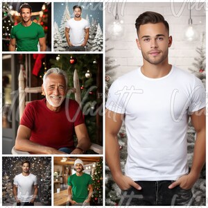 May include: Four men wearing different colored t-shirts in front of Christmas trees. The men are standing and sitting in various poses. The t-shirts are all plain and solid colors.