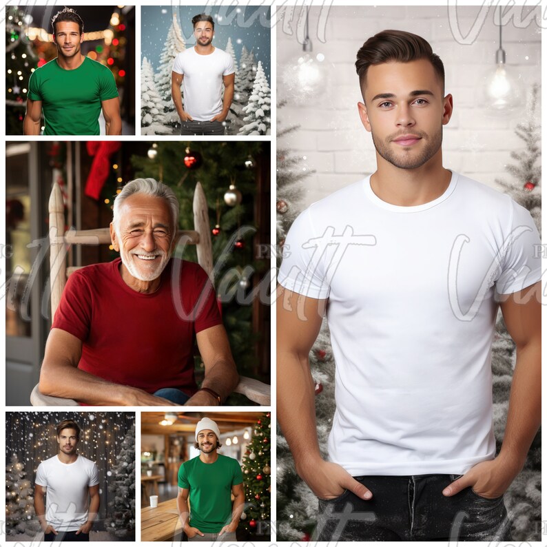 May include: Four men wearing different colored t-shirts in front of Christmas trees. The men are standing and sitting in various poses. The t-shirts are all plain and solid colors.