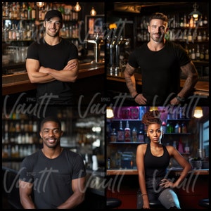 May include: Four people, two men and two women, are standing in a bar setting. They are all wearing black shirts. The bar is dimly lit and has a lot of bottles on the shelves behind them.