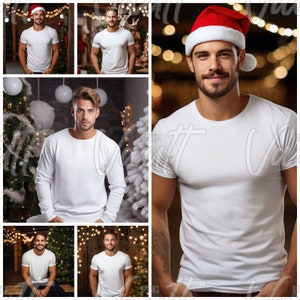 May include: A collage of images featuring a man wearing a white t-shirt in different settings. The man is wearing a Santa hat in one image. The images are set against a backdrop of Christmas lights and decorations.
