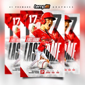Op de afbeelding: Een honkballer in een rood uniform met nummer 17 op de rug, die een knuppel zwaait. De naam van de speler is FIRSTNAME LASTNAME. De school van de speler is SCHOOL NAME HERE. Het slaggemiddelde van de speler is .000.