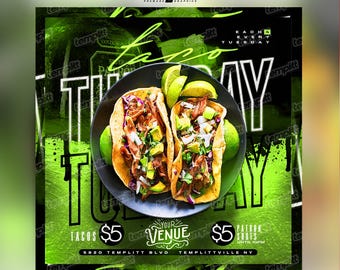 Volante de Taco Tuesday, plantilla prediseñada, volante para eventos, volante para fiestas, volante para discotecas, diseño de volante digital personalizado