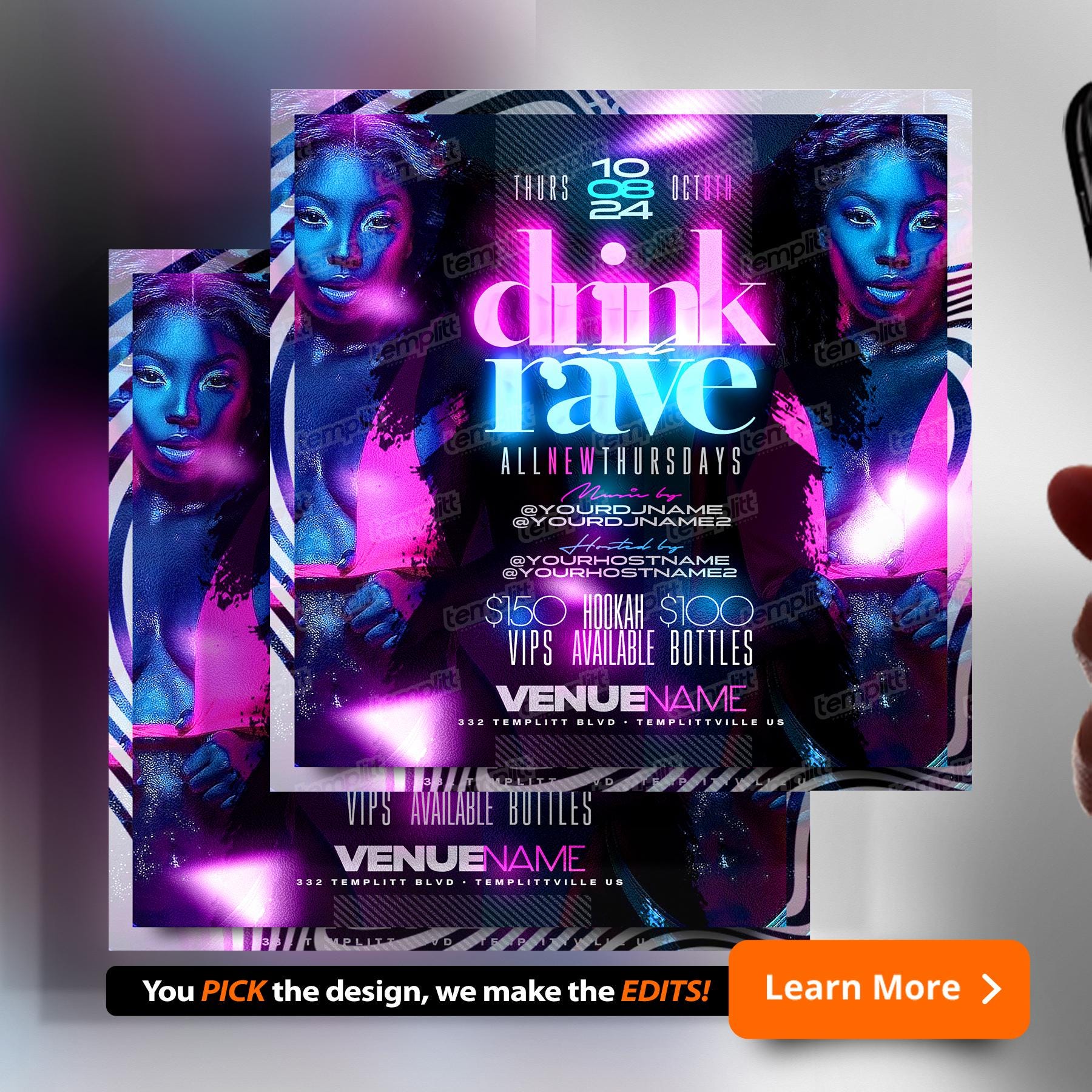 Drink Rave Party Flyer, Premade Flyer Template, Event Flyer, Night Club ...