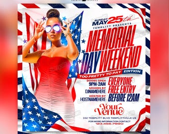 Memorial Day Party Flyer, Premade Flyer Template, Event Flyer, Night Club Flyer, Custom Digital Flyer Design