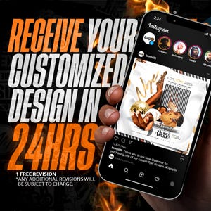 May include: A mobile phone screen displaying a social media post with a flyer for a brunch event. The flyer features a woman in a gold dress and a disco ball. The text on the flyer reads "Nipe" and "01.01.25". The post includes a caption that says "Thank you to our New Customer for purchasing one of our custom flyer designs. #Templitt".