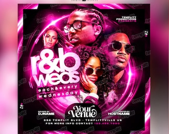 May include: A flyer for an R&B night called "R&B Weds" that happens every Wednesday. The flyer features a pink and black color scheme with a circular design. The text on the flyer reads "R&B Weds", "Each & Every Wednesday", "Your Venue", "332 Templitt Blvd, Templittville US", "For More Info Contact 133.456.7800", "Sounds By DJNAME", "Hosted By HOSTNAME", and "Templitt Promotions Presents".
