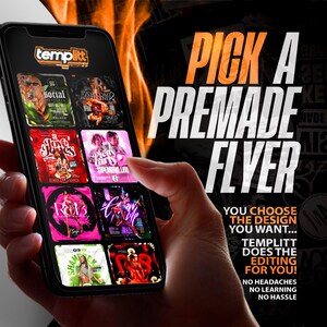 May include: A smartphone screen displaying a variety of colorful flyer templates. The text on the screen reads "templitt" and "PICK A PREMADE FLYER". The text below the flyer templates reads "YOU CHOOSE THE DESIGN YOU WANT... TEMPLITT DOES THE EDITING FOR YOU! NO HEADACHES NO LEARNING NO HASSLE".