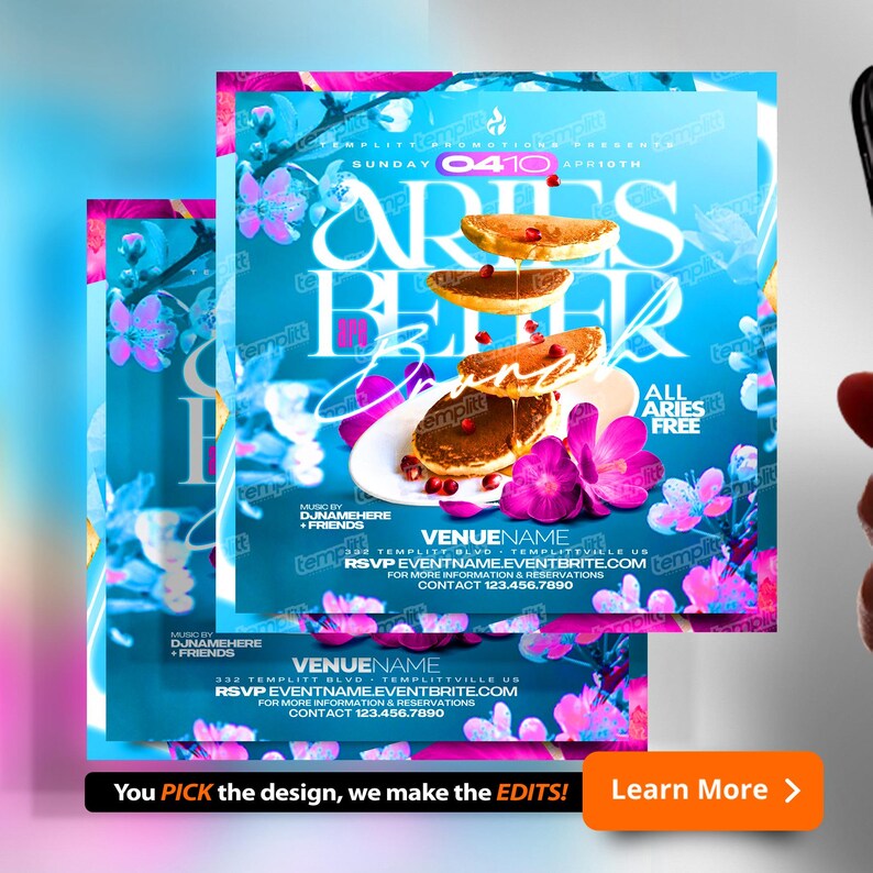 Aries Brunch Flyer, Premade Flyer Template, Brunch Invitation, Club ...