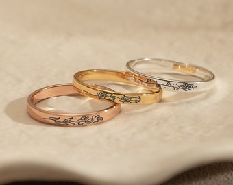 Personalisierter Geburtstagsblumenring, Stapelring für Sie, individueller dünner Ring, gravierter Geburtsblumenring, Geschenke für Schwester, Jubiläumsgeschenk