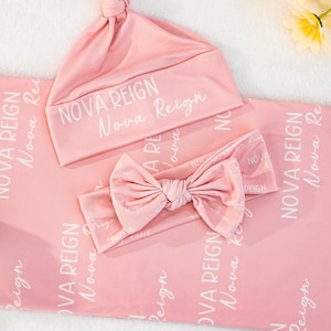 Personalized Baby Name Swaddle,Baby Swaddle Set,Custom Newborn Baby Receiving Gift,Name Blanket,Baby Shower Gift,Hospital Swaddle Hat Set