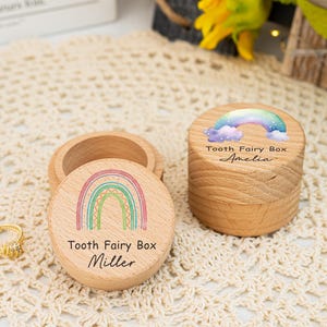 Personalized Rainbow Tooth Fairy Box, Wooden Tooth Box with Name, Baby Shower Gift, Engraved Milk Tooth Keepsake Box, Birthday Gift for Kids