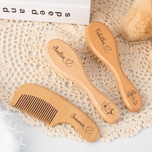 Personalized Wooden Baby Hairbrush Set, Wooden Hairbrush and Comb for Newborns, Engraved Name Brush Keepsake Gift, Baby 1st Birthday Gift