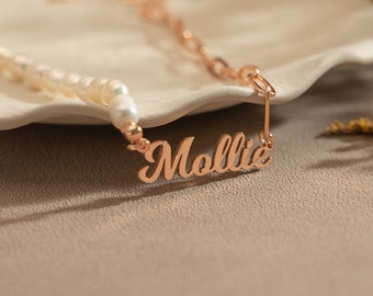 Personalized Name Necklace,Dainty Name Necklace with Rice Pearl Chain,Custom Name Pearl Necklace for Mom,Wedding Jewelry,Birthday Gifts