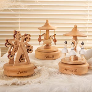 Personalized Wooden Music Box, Musical Wooden Ballerina Carousel Keepsake, Engraved Name Music Box, Baby Shower Gift, Christmas Gift for Kid