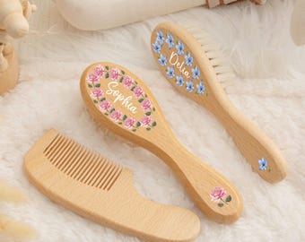 Custom Baby Hairbrush Set, Birth Flower Hair Brush, Wooden Hairbrush with Name, Baby Shower Gift, Newborn Gift, Baby 1st Birthday Gift