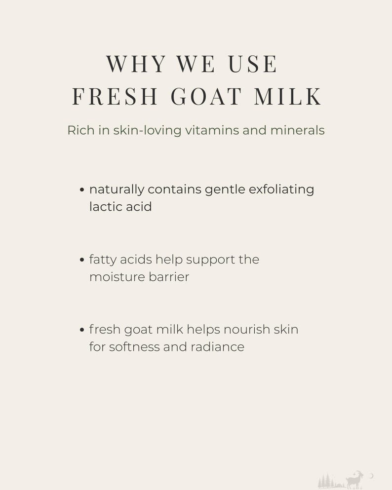 May include: A cream-colored graphic with the text "WHY WE USE FRESH GOAT MILK." The text explains that fresh goat milk contains vitamins, minerals, lactic acid, fatty acids, and helps nourish skin for softness and radiance.