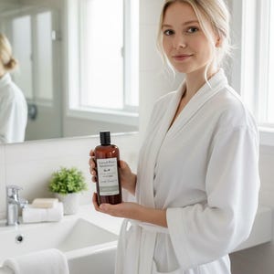 May include: A woman in a white robe holds a brown bottle of body wash in a bathroom. The bottle has a black cap and a white label with text. A white towel hangs on the edge of the sink. The bathroom has a mirror and a window.