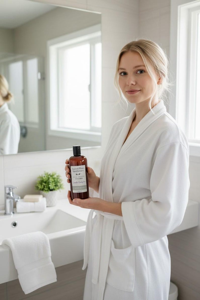 May include: A woman in a white robe holds a brown bottle of body wash in a bathroom. The bottle has a black cap and a white label with text. A white towel hangs on the edge of the sink. The bathroom has a mirror and a window.