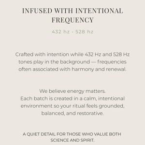 May include: A cream-colored graphic with the text "INFUSED WITH INTENTIONAL FREQUENCY" and "432 hz &bull; 528 hz." The text below describes the product's creation process, emphasizing harmony, renewal, and a calm environment. The bottom text reads, "A QUIET DETAIL FOR THOSE WHO VALUE BOTH SCIENCE AND SPIRIT."