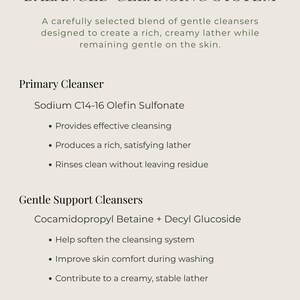May include: A beige informational graphic with the title "BALANCED CLEANSING SYSTEM". The text describes a blend of gentle cleansers, primary cleanser Sodium C14-16 Olefin Sulfonate, and gentle support cleansers Cocamidopropyl Betaine + Decyl Glucoside.